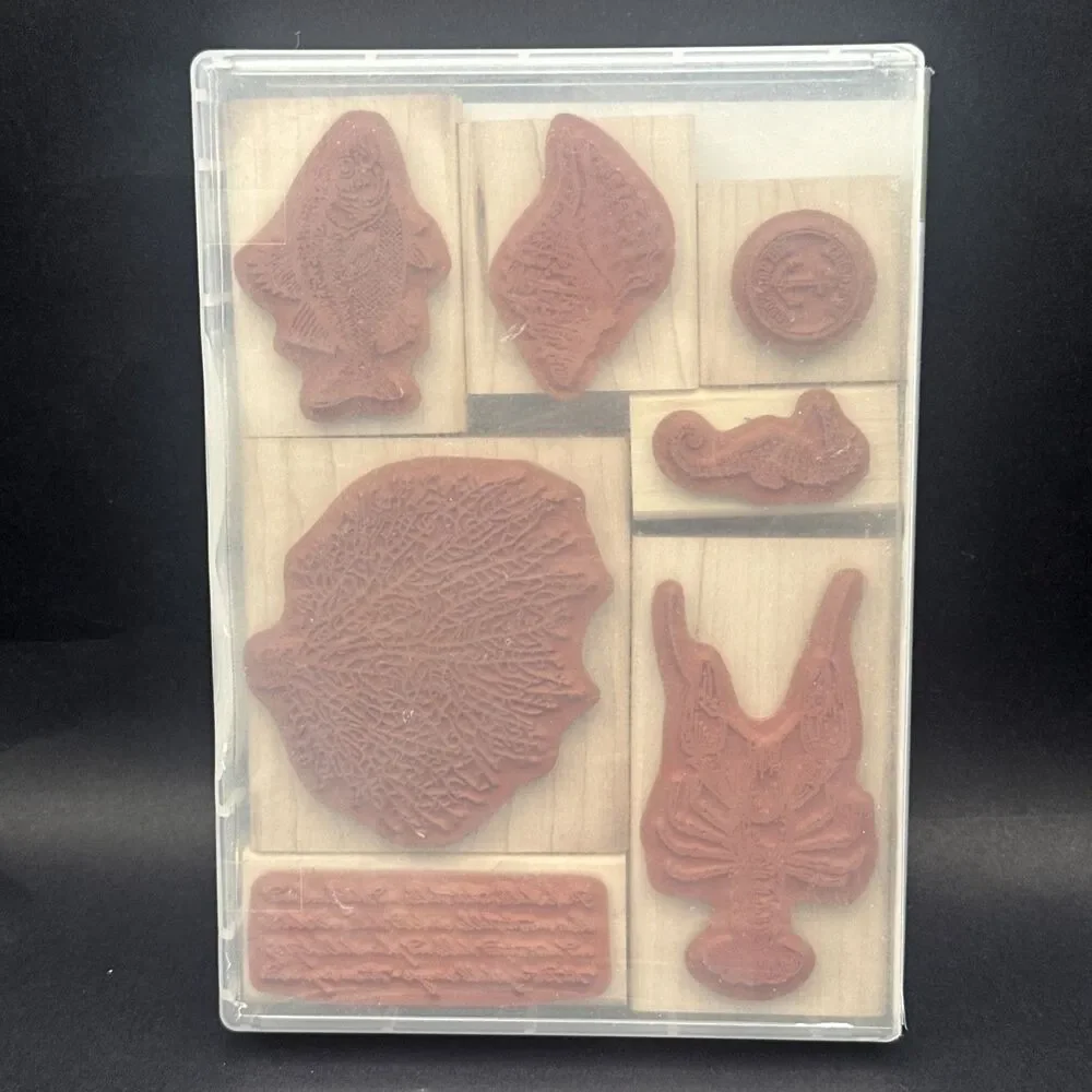 Stampin' Up! Retired BY THE TIDE nautical wood set in case coral fish lobster